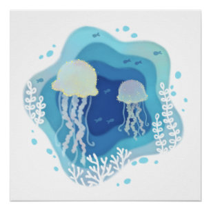 Kwallen in Ocean Paper Art Illustratie Perfect Poster