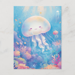 Kwallen in pastel tropisch koraalrif en oceaan briefkaart