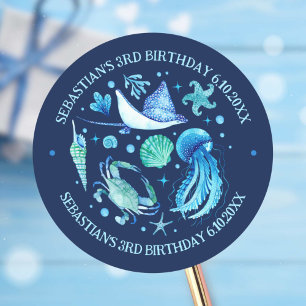 Kwallen, krab, pijlstaartrog Ocean Animals Waterve Ronde Sticker