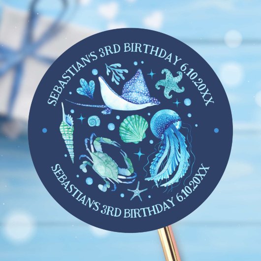 Kwallen, krab, pijlstaartrog Ocean Animals Waterve Ronde Sticker