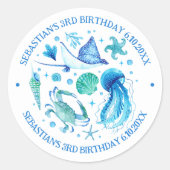 Kwallen, krab, pijlstaartrog Waterverf Ocean Anima Ronde Sticker (Voorkant)