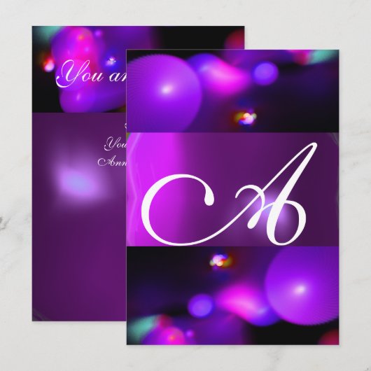 KWANTUM BUBBEL MONOGRAM paars rsvp Kaart (Voorkant / Achterkant)