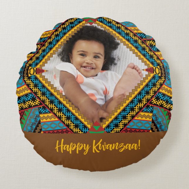 Kwanzaa Aangepast, helder gekleurd diamantpatroon Rond Kussen (Voorkant)