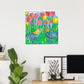 Kwartel Roze Tulpen Vogel Waterverf Schilderij Poster (Thuiskantoor)