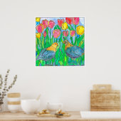 Kwartel Roze Tulpen Vogel Waterverf Schilderij Poster (Keuken)