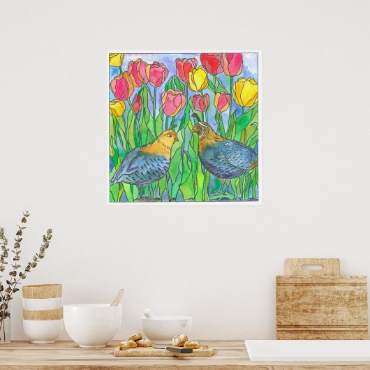 Kwartel Roze Tulpen Vogel Waterverf Schilderij Poster (Keuken)