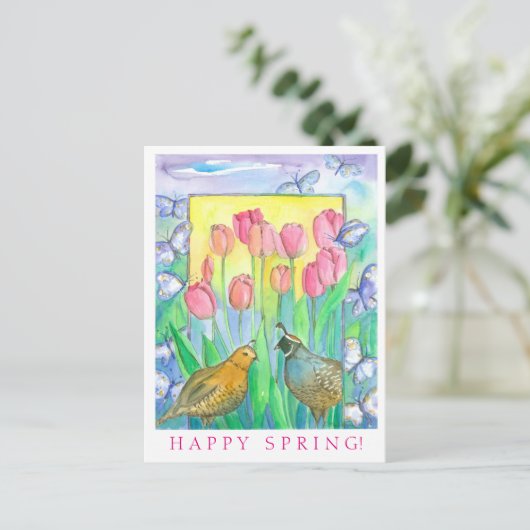Kwartels Roze Tulp Waterverf Happy Spring Briefkaart (Staand voorkant)