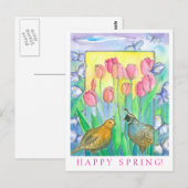 Kwartels Roze Tulp Waterverf Happy Spring Briefkaart (Voorkant / Achterkant)