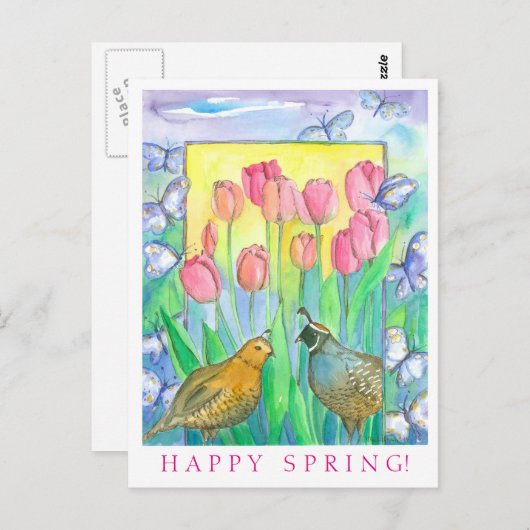 Kwartels Roze Tulp Waterverf Happy Spring Briefkaart (Voorkant / Achterkant)