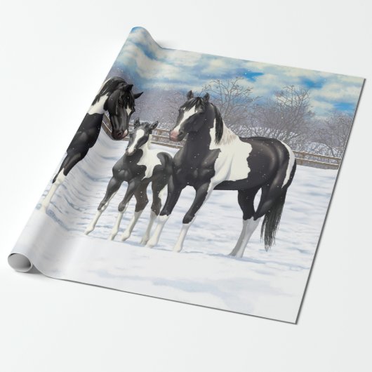 kwartpaarden zwart in verf in sneeuw cadeaupapier (Uitgerold)