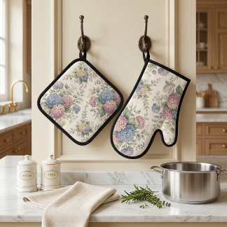 Kweekkleurige Hortensia Bloemen Ovenwant & Pannenlap Set