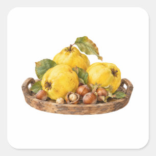 Kweepeer en hazelnoten op een dienblad vierkante sticker