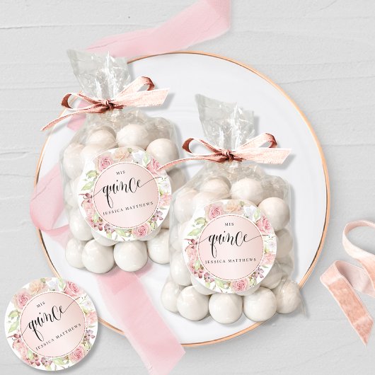 Kweepeer, Spaans, Roze, Blush Roze Gouden Bloemmot Ronde Sticker