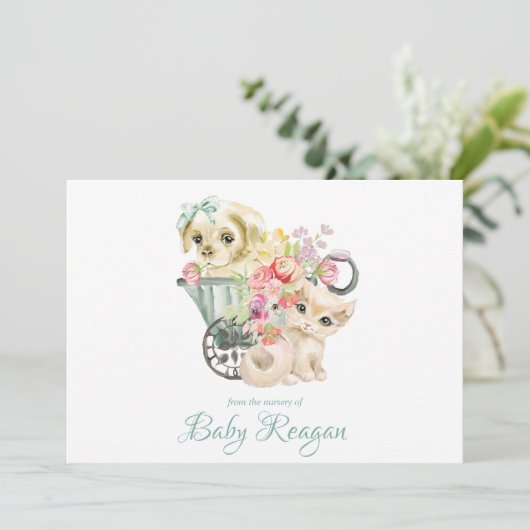 Kwekerij Kitten & Puppy Monogram Baby shower Bedankkaart (Staand voorkant)