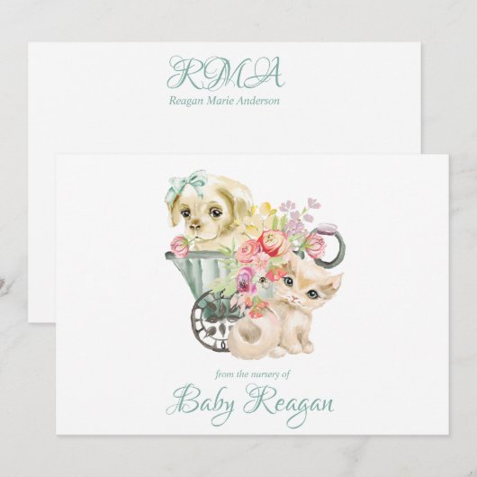 Kwekerij Kitten & Puppy Monogram Baby shower Bedankkaart (Voorkant / Achterkant)