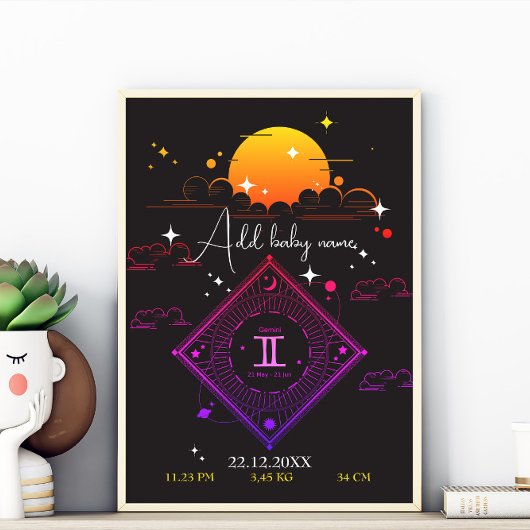 Kwekerij muur kunst nieuwe baby Custom naam gemini Poster
