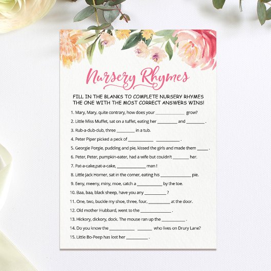 Kwekerij Rhyme Quiz Baby shower spel Kaart