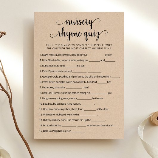 Kwekerij Rhyme Quiz Baby shower spel Kaart