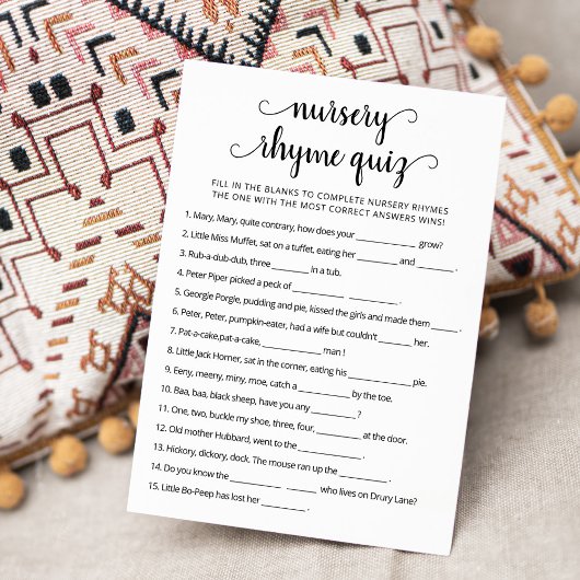 Kwekerij Rhyme Quiz Baby shower spel Kaart