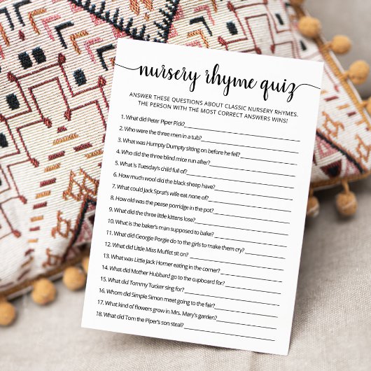 Kwekerij Rhyme Quiz Baby shower spel Kaart