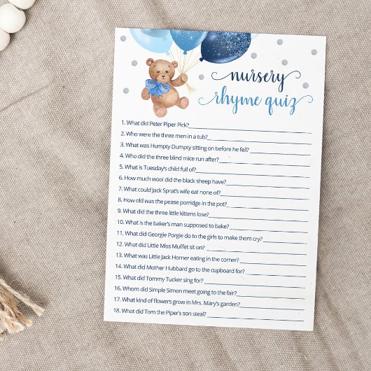 Kwekerij Rhyme Quiz Spel Teddy Bear Kaart
