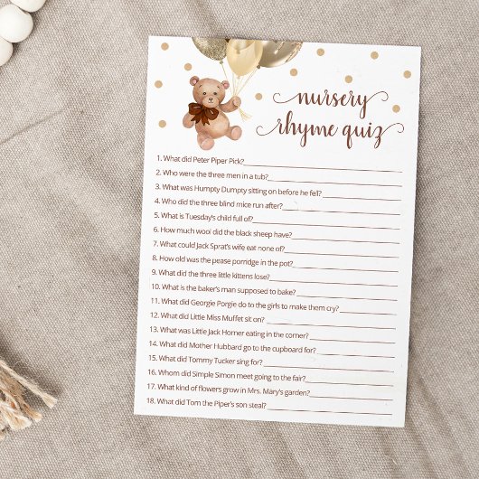 Kwekerij Rhyme Quiz Spel Teddy Bear Kaart