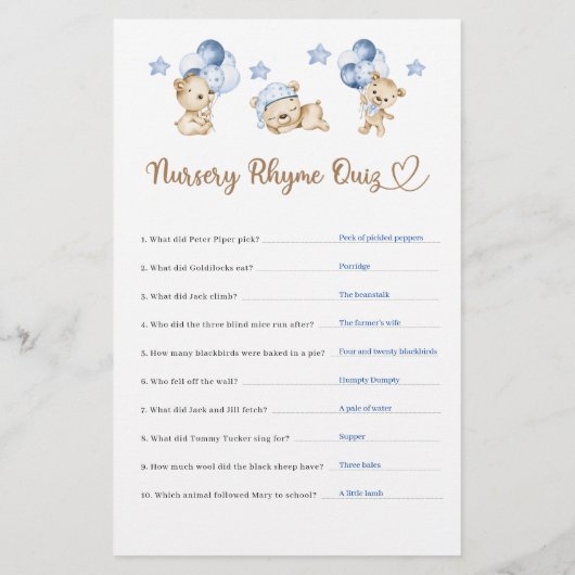 Kwekerij Rhyme Quiz Teddy Bear Boy Baby shower (Achterkant)