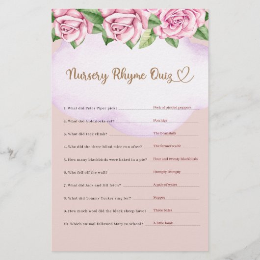 Kwekerij Rhyme Quiz Teddy Bear Meisje Baby shower (Achterkant)