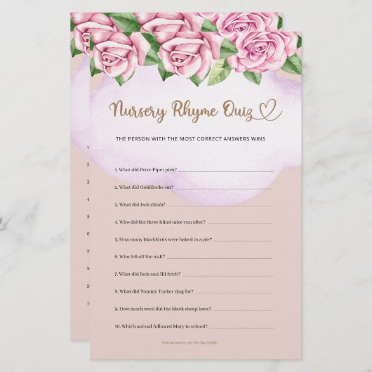 Kwekerij Rhyme Quiz Teddy Bear Meisje Baby shower (Voorkant / Achterkant)