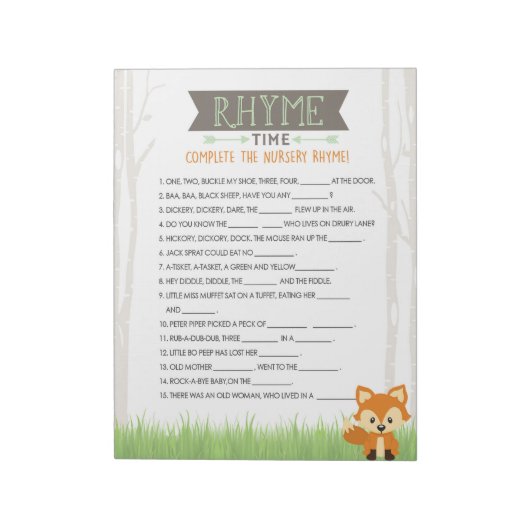 Kwekerij Rhyme Woodland Fox Baby shower Game Pack Notitieblok (Linkerzijde)