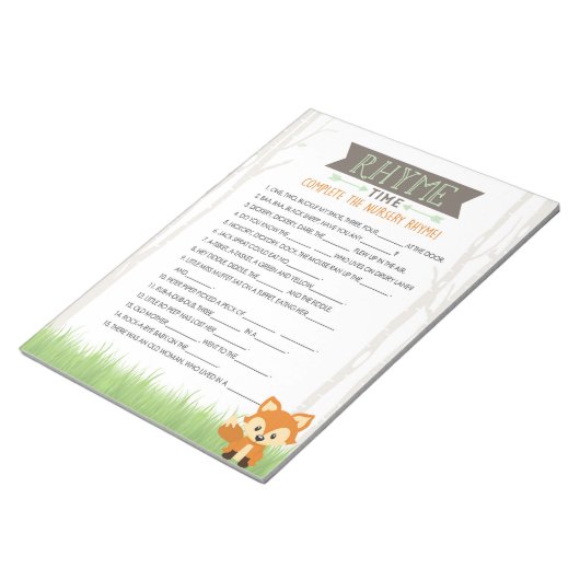 Kwekerij Rhyme Woodland Fox Baby shower Game Pack Notitieblok (Schuin)