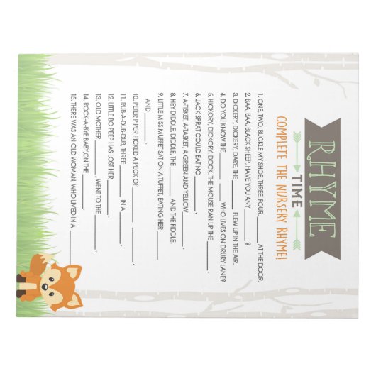 Kwekerij Rhyme Woodland Fox Baby shower Game Pack Notitieblok (Voorkant)