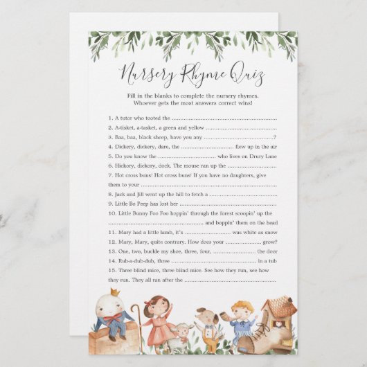 Kwekerij Rhymes Baby shower Kwekerij Rhyme Quiz Ga (Voorkant / Achterkant)