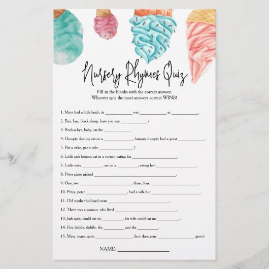 Kwekerij Rhymes Quiz Wat is het Scoop Baby shower (Voorkant)