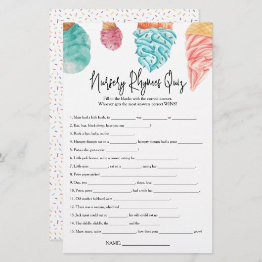 Kwekerij Rhymes Quiz Wat is het Scoop Baby shower (Voorkant / Achterkant)