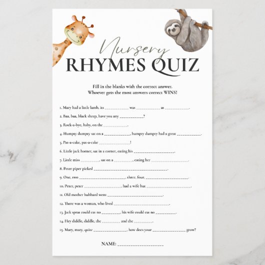 Kwekerij Rhymes Quiz Wild Een Baby shower Flyer (Voorkant)