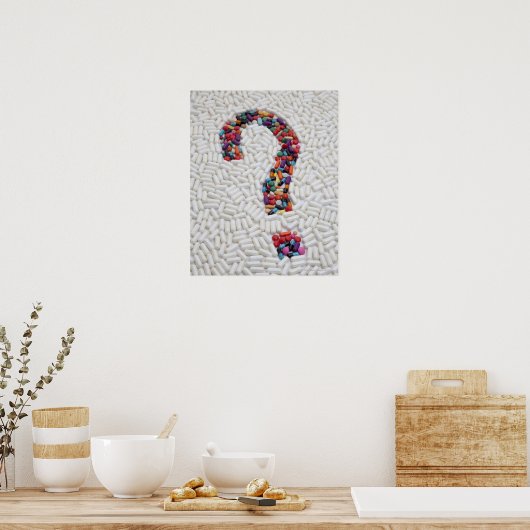 Kwestie van pillen op witte pil achtergrond poster (Keuken)