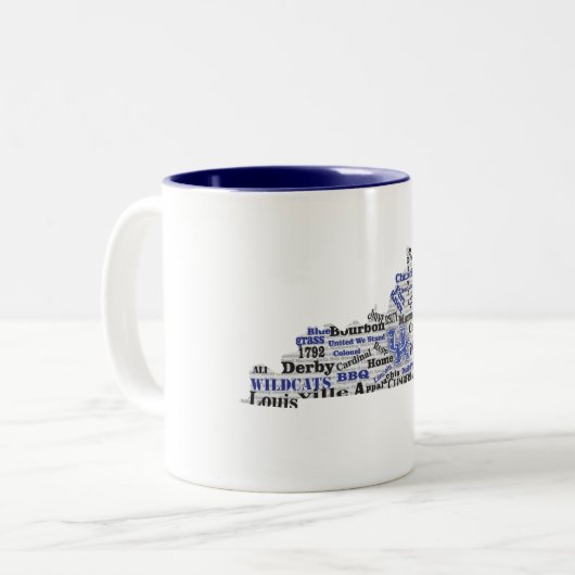 KY Word Cloud (V1 blauw) Tweekleurige Koffiemok (Voorkant links)