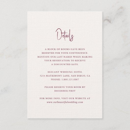 Kylee Bourgogne Traditionele Elegante Bruiloft Informatiekaartje (Voorkant)