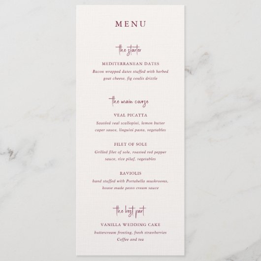 Kylee Bourgogne Traditionele Elegante Bruiloft Menu (Voorkant)