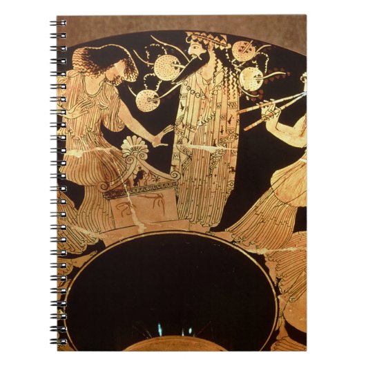 Kylix van het Attische rode cijfer dat Dionysus en Notitieboek (Voorkant)