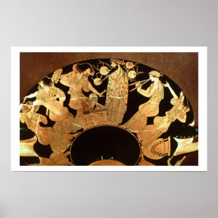 Kylix van het Attische rode cijfer dat Dionysus en Poster