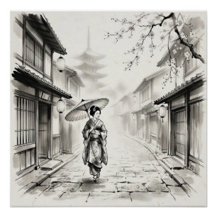 Kyoto Gion Oost-Indische inkt Straatbeeld Perfect Poster