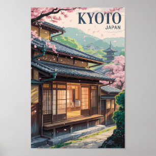 Kyoto Japan Huis Illustratie Reis Kunst Vintage Poster