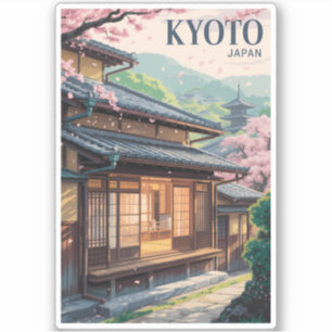 Kyoto Japan Huis Illustratie Reis Kunst Vintage Sticker