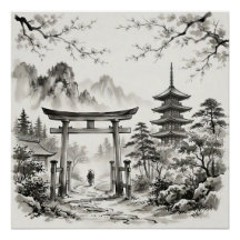 Kyoto Japan Landschap in Oost-Indische inkt