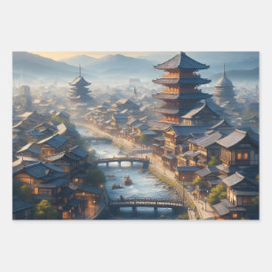 Kyoto Japan Landschap Reis Ouderwets Inpakpapier Vel