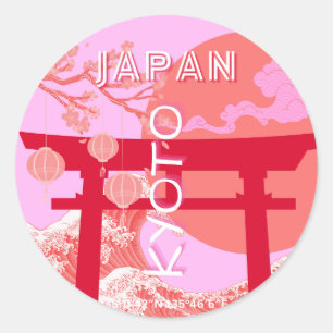 Kyoto Japan Reiskunst, Roze Retro Reiskunst Ronde Sticker