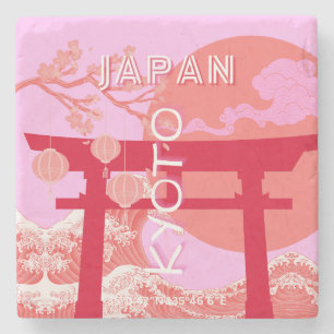 Kyoto Japan Reiskunst, Roze Retro Reiskunst Stenen Onderzetter