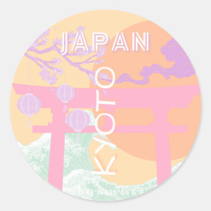 Kyoto Japan Travel Art, Oranje pastelkunst Ronde Sticker